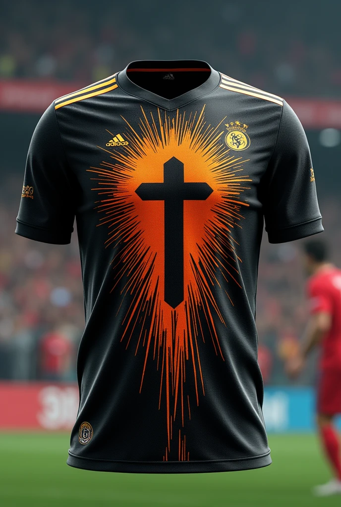Soccer jersey that depicts unity strength and faith. Try to use pista, black and electric orange. Make it different 