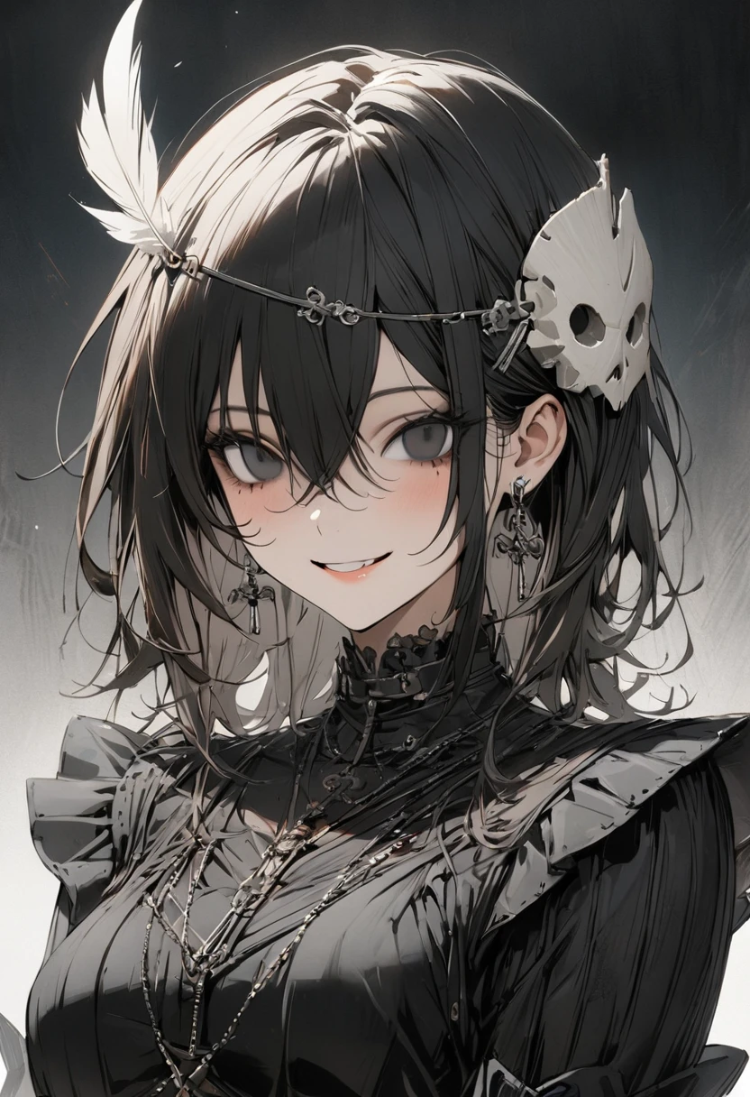 1 woman, striped hair, long black hair, hair between eyes, moles under the eyes, blank eyes, (one white feather on one's head), smile, high detail, conceptual art, japanese cartoon movies, gothic art, masterpiece, super detail, high details, high quality, best quality