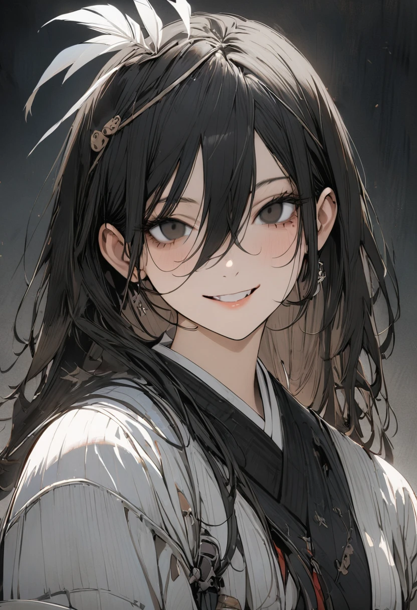 1 woman, striped hair, long black hair, hair between eyes, moles under the eyes, blank eyes, (one white feather on one's head), smile, high detail, conceptual art, japanese cartoon movies, gothic art, masterpiece, super detail, high details, high quality, best quality