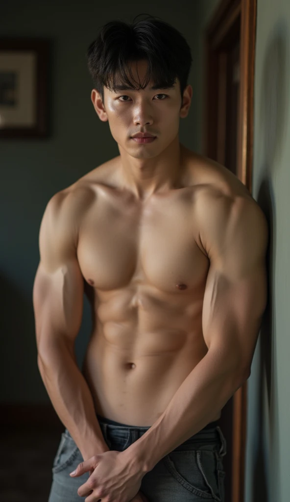 Realist, tmasterpiece, Complicated details, detailedbackground, depth of fields, musculous, Korean magister handsome photo, (Young Korean man looks like K-pop idol), Handsome bodybuilder boy, wearing nothing, completely naked expose his huge penis, long big dick masturbate, the most perfect penis erecting , Realistic, fully naked, 