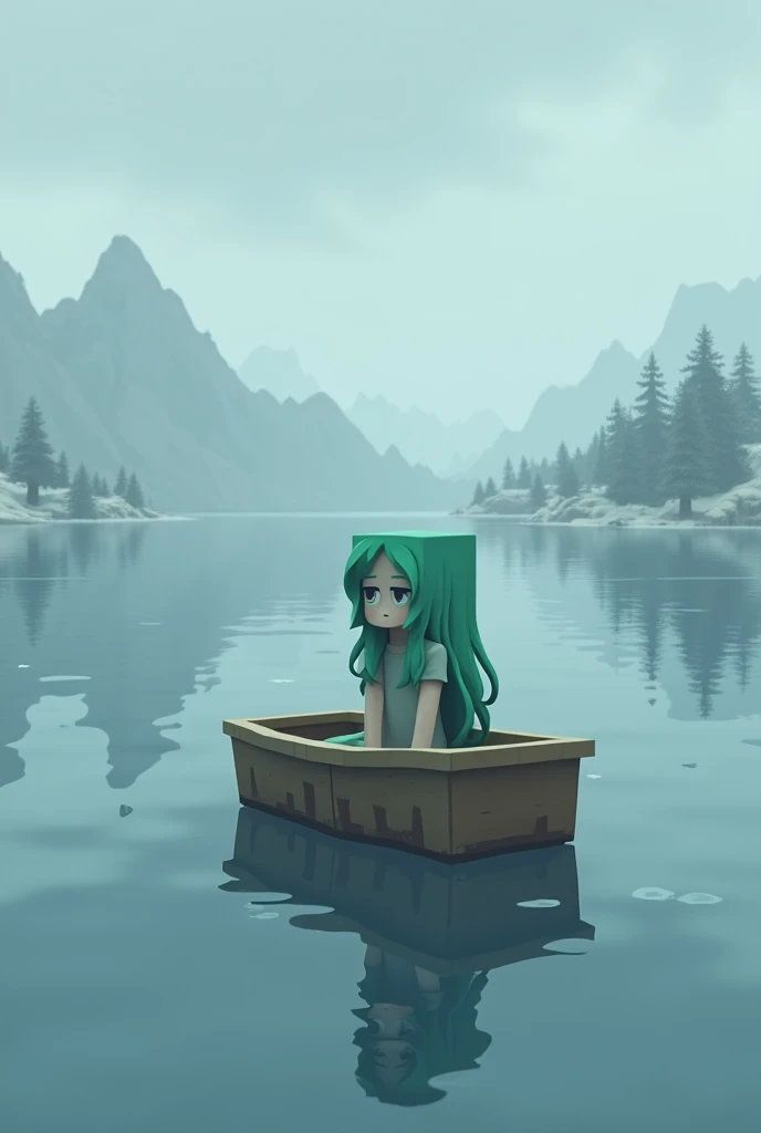 Draw: girl with green hair, sitting in a boat on the ice, crying, minecraft style