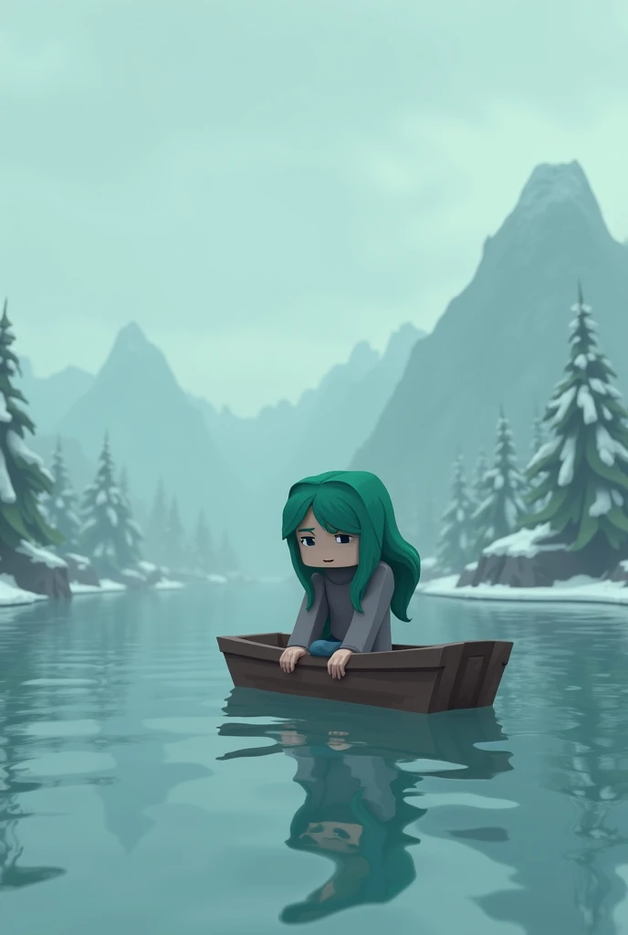 Draw: girl with green hair, sitting in a boat on the ice, crying, minecraft style