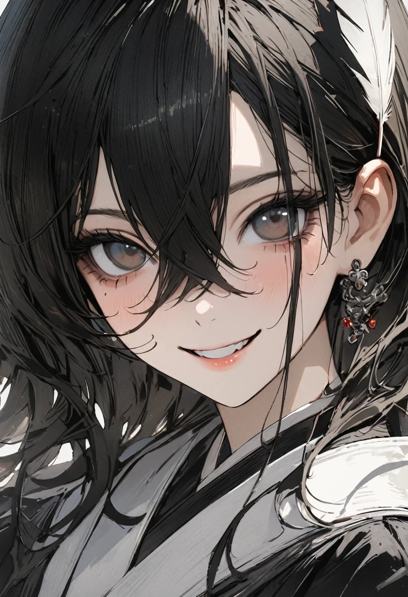 1 woman, striped hair, long black hair, hair between eyes, moles under the eyes, blank eyes, (one white feather on one's head), smile, high detail, conceptual art, japanese cartoon movies, gothic art, masterpiece, super detail, high details, high quality, best quality