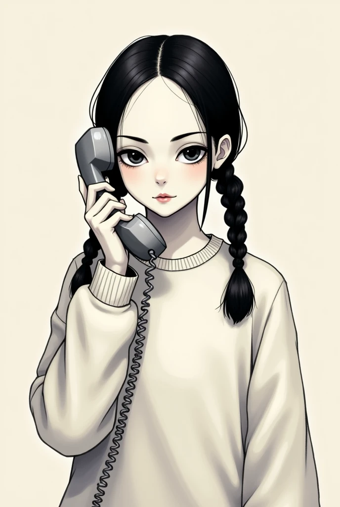 Wednesday  Addams con telefono   con un sudadera blanca 
