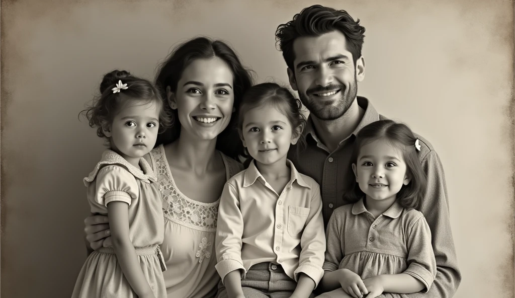 create a hyper realistic old photo of a happy family, the photo must be in black and white and have the texture of an old photo