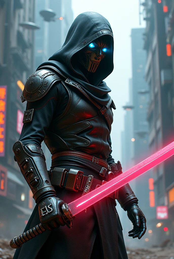 Assassin's Creed Drawing in Cyberpunk Style He has a laser dagger and is wearing a cyborg mask