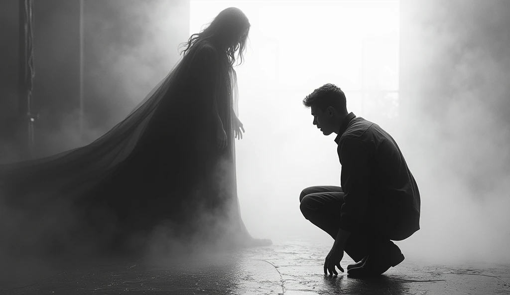 make the man step back and squat slowly backwards as if afraid of the ghostly figure of a woman dressed in black in front of him. man facing the camera. ghost with his back to the camera black and white background