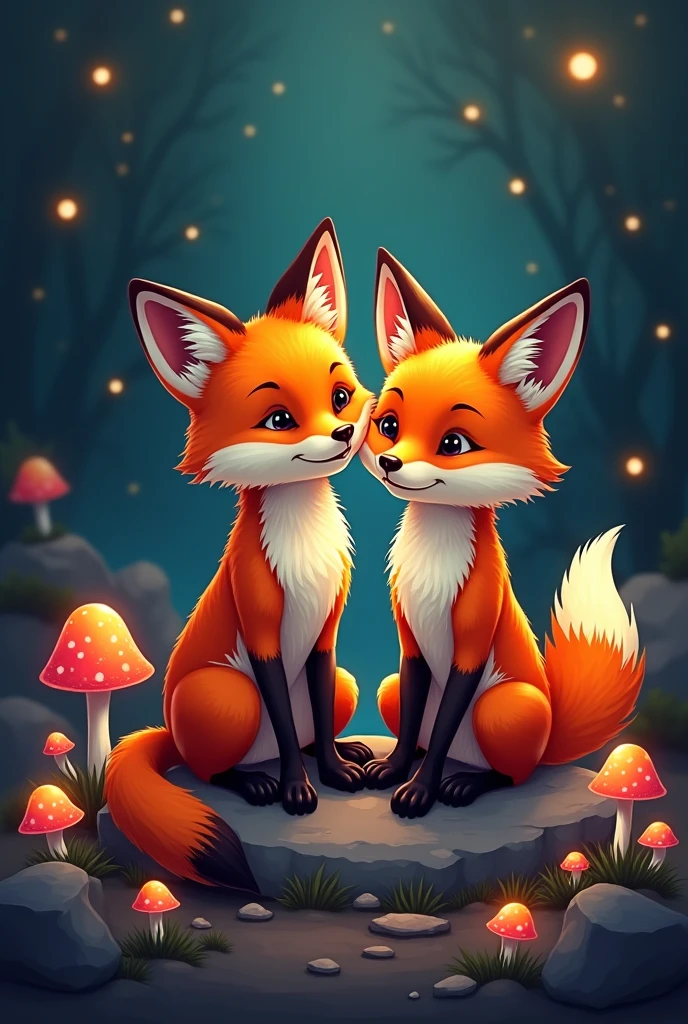 Cute fox couple,sitting on rock,black Background,spotlight,comic,Steampunk,
, bokeh,mushrooms,glowing outlines,Pop Art stil