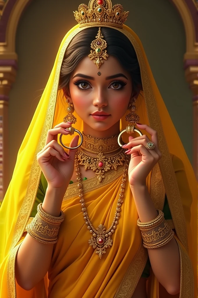 An Indian woman wearing a yellow saree with two gold rings in her hand, her hands half raised to her shoulders, wearing a crown and holding a golden saree. Gathered in a golden robe