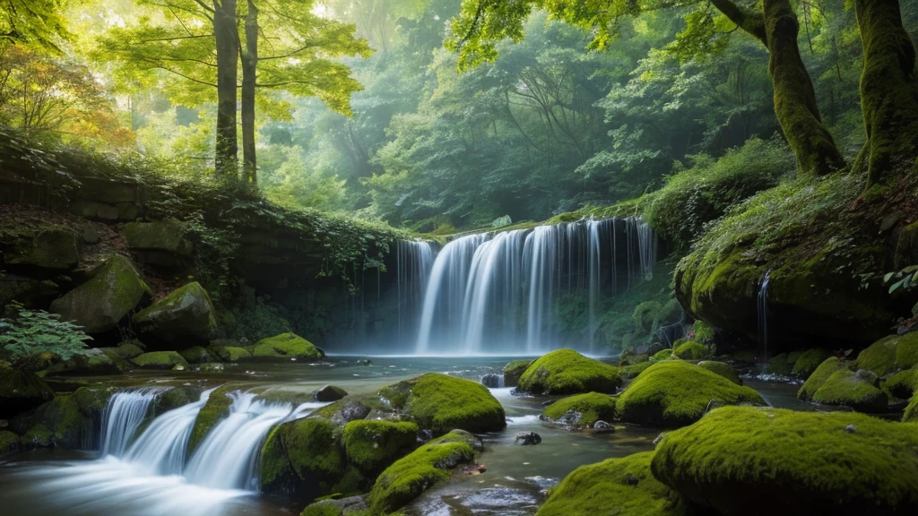 A serene forest scene bathed in the soft light of dawn. A winding path leads through ancient, towering trees, with ethereal light filtering through the leaves. In the background, a waterfall cascades gently into a crystal-clear pool, with mist rising into the air. The colors are a harmonious mix of greens, soft golds, and silvers, creating a peaceful, otherworldly atmosphere.