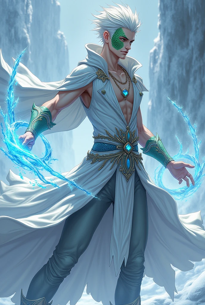 dnd, dungeons and dragons, yuan-ti pure blood, snake man, sorcerer, slender, assassin, ice, cold, magic, casting a spell, solo, single person, action pose, pale white skin, green snake scales on cheeks and forehead, short spiky white and silver hair, light grey eyes, handsome, male, anime, ornate silver robes, silver jewelry with blue gems, frost, ((masterpiece, best quality)), trending artwork