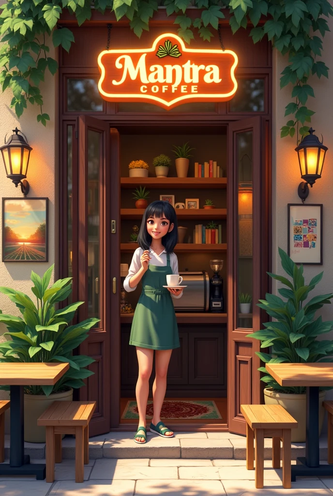 Entrance to a cafe with wooden tables outside, with a sign that says mantra coffee, illuminated, with plants, books, colorful paintings. At the entrance a female Barista with a cup of coffee in her hand and a smile on her face. He addresses the audience with enthusiasm.