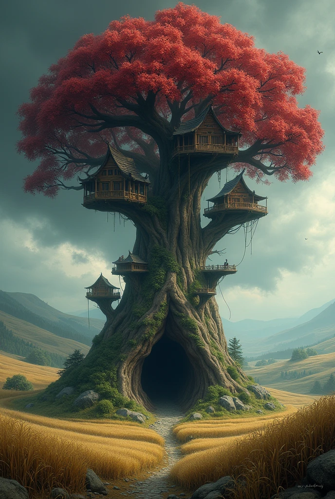 A landscape with a giant tree in the center, Surrounded by grains and hills. Its branches support platforms with carved houses. At its base there is a mouth-shaped hole that leads to its interior.. Its leaves are red as blood and the sky is gloomy, Announcing a storm.