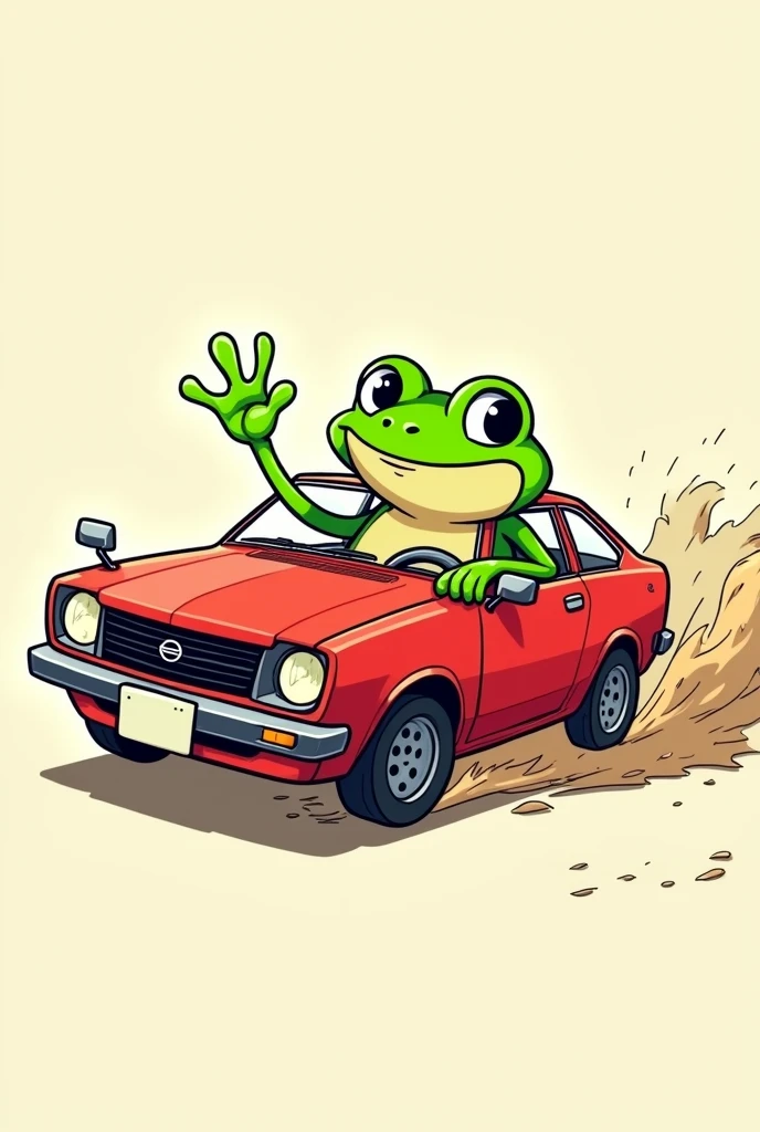 Give me an animated illustration of a green frog waving while driving a red Nissan Sunny car and skidding
