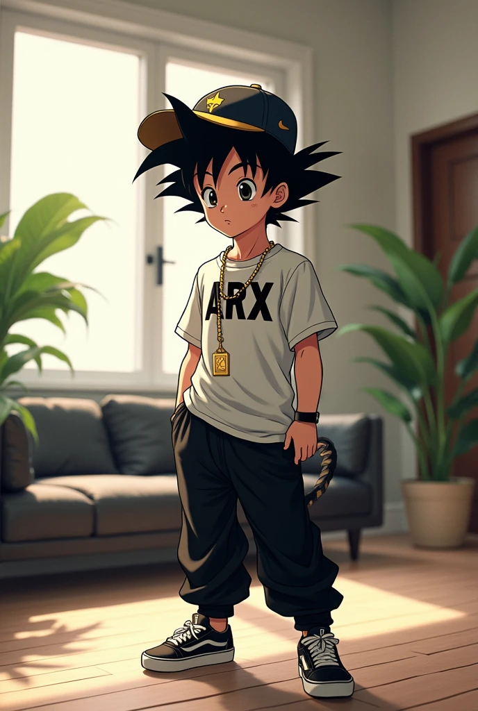 Goku kid with tail, hip hop style cap on head, standing in a room with white walls with black furniture and bright lights, slave chain with the initial Arx in gold, White loose t-shirt with a print in the center with ARX written in black, long black pants and Nike Vans-type sneakers, interior, soft light, relaxed pose, Plants in the background, realist, warm colors, by Greg Rutkowski, by Alphonse Mucha