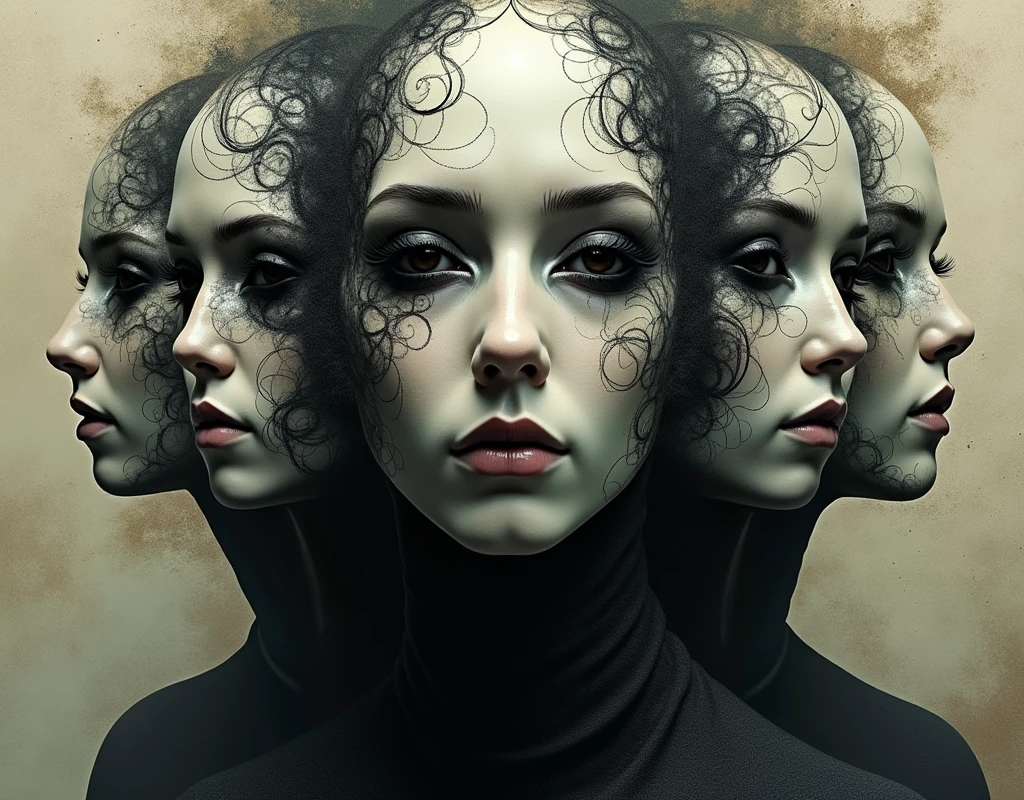 Abstract Mask Portrait: Mask-like faces and abstract patterns blend seamlessly, exploring the complex duality of identity and the interplay between the human and the unknown.