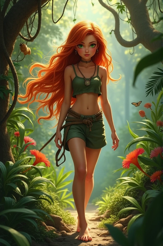 Jungle girl, young, adolescent, red long hair, barefoot, realistic 