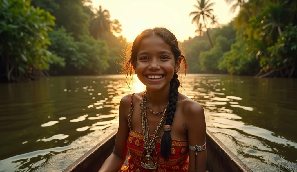 indígena shuar girl, ecuadorian woman, sailing in a canoe on an Amazon river, amazon jungle landscape, vibrant colors, sunrise,  panoramic shot, the girl smile, very happy, masterpiece, hyper realistic, kodak film, leica m11, leica summicrom lens, 18mm, detailed facial features, intricate clothing, tribal patterns, beautiful natural setting, warm lighting, photorealistic, 8k, high quality