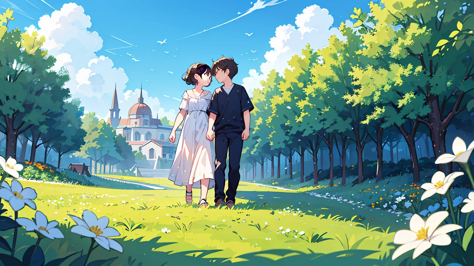 (Masterpiece, highest quality),Create an image of a couple holding hands, walking up a set of stairs towards a beautiful blue sky with fluffy clouds. The scene conveys a sense of romance and connection, integrated into the sky as if part of the cloudscape. The ground is covered with lush green grass and dotted with white flowers, enhancing the dreamy and serene atmosphere.Upper body
 