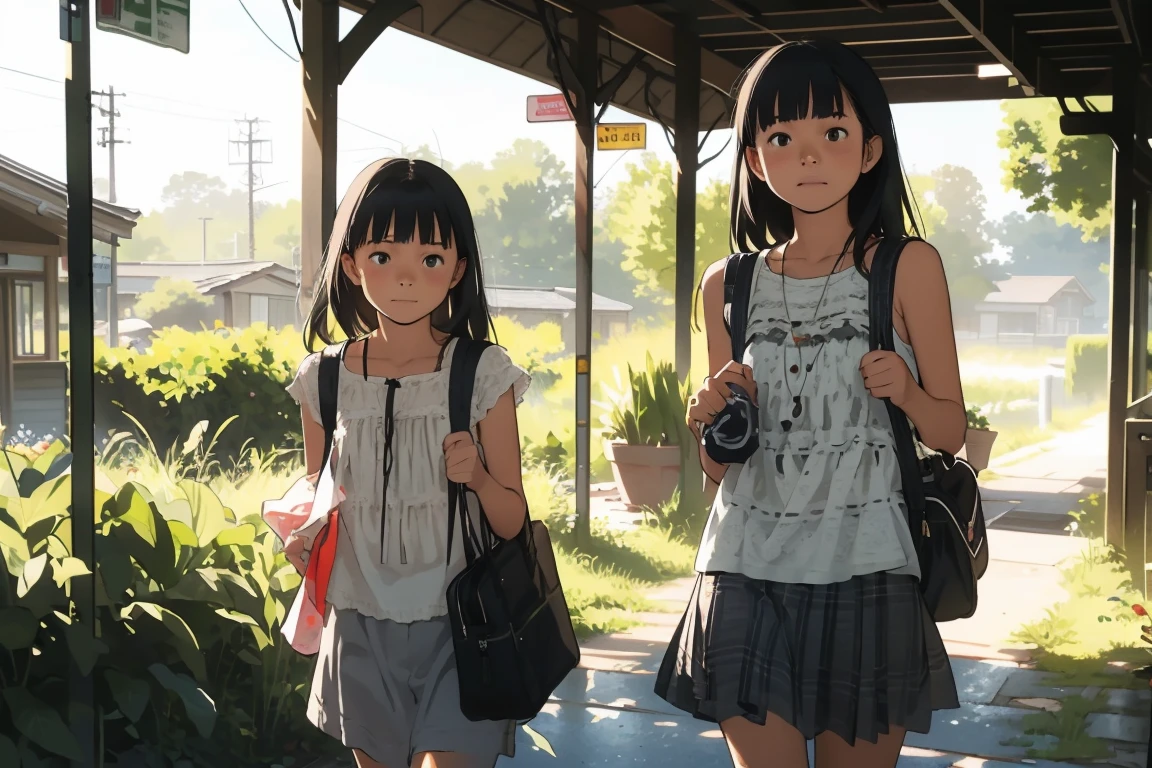 masterpiece, Highest quality,plural, Three Girls、Railway stations、line、(countrysideのローカル線の無人駅のホームで)、bicycle、Black Hair, short hair、Long Hair, Hair ties, hair band, hair ornaments, Straw hat、Shorts, skirt、dappled daylight、Outdoor, nature, wood々、 Grassland、countryside、Suburban、