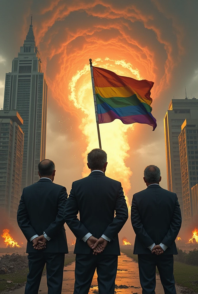 Create an image of Brasília-DF being sucked into an apocalyptic scenario while politicians laugh while looking and holding an LGBT flag in their hands