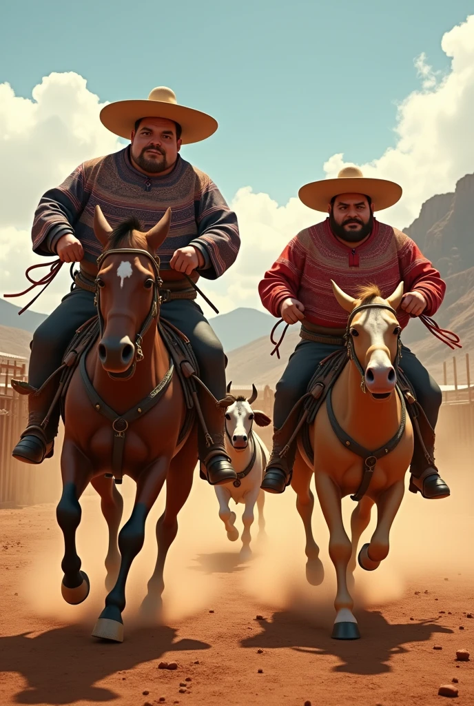 Create two fat men riding horses dressed in chamanto and sombrero like Chilean huasos running after a cow in a Chilean rodeo that are fat