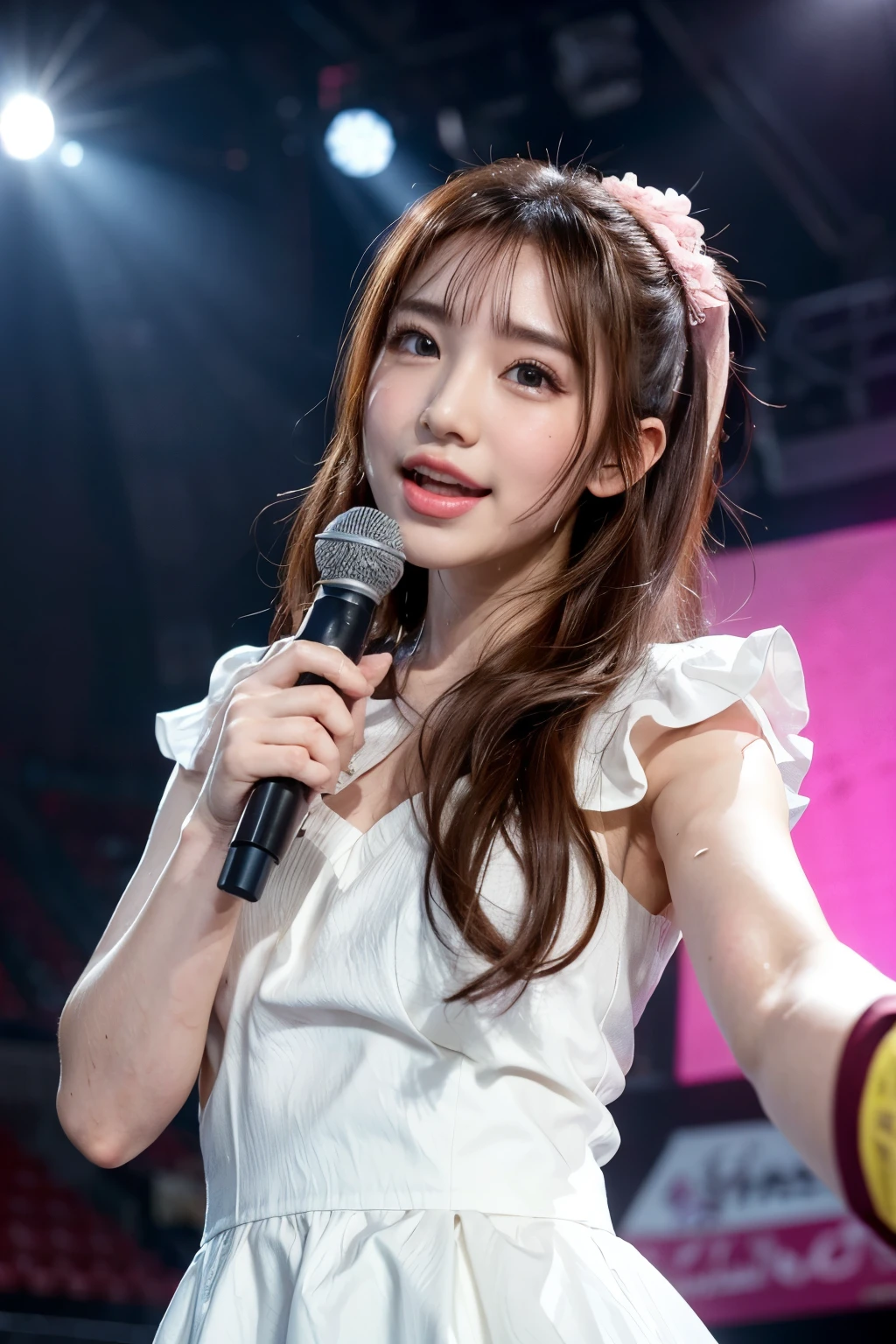 realistic, photogenic, concert, in front of a large audience, cheered on by the crowd, brightly lit by spotlights on the stage, extremely bright lighting, waving to the audience at the venue, wearing pink idol-ish costume, a little exposed a chest, very blight bronde twin-tail hairstyle, hair is blowing in the wind, hair is shaggy and dishevelled, beautiful white-colored translucent skin, sweat splashes, glamorous figure, heavy and veey vivid makeup, small nose, open mouth wide to sing, smooth shaped jawline, glossy face, heavy flushed cheeks, cuty smile, angles looking up from the below, photorealistic, highly detailed, vibrant colors, dramatic lighting