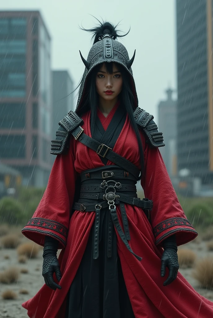 Female warrior,1 Japanese girl,war frame,complex pattern,Heavy metals,energy line,anonymous,bright eyes,elegant,excruciating,red and black uniform,Alone,modern,city,street,Dark Clouds,Thunder,heavy rain, ,Impressive lighting,,(Masterpiece:1.2), Highest quality, High resolution, Beautiful detail, high detail, perfect light, Full helmet coverage, Dark Clouds, desert
