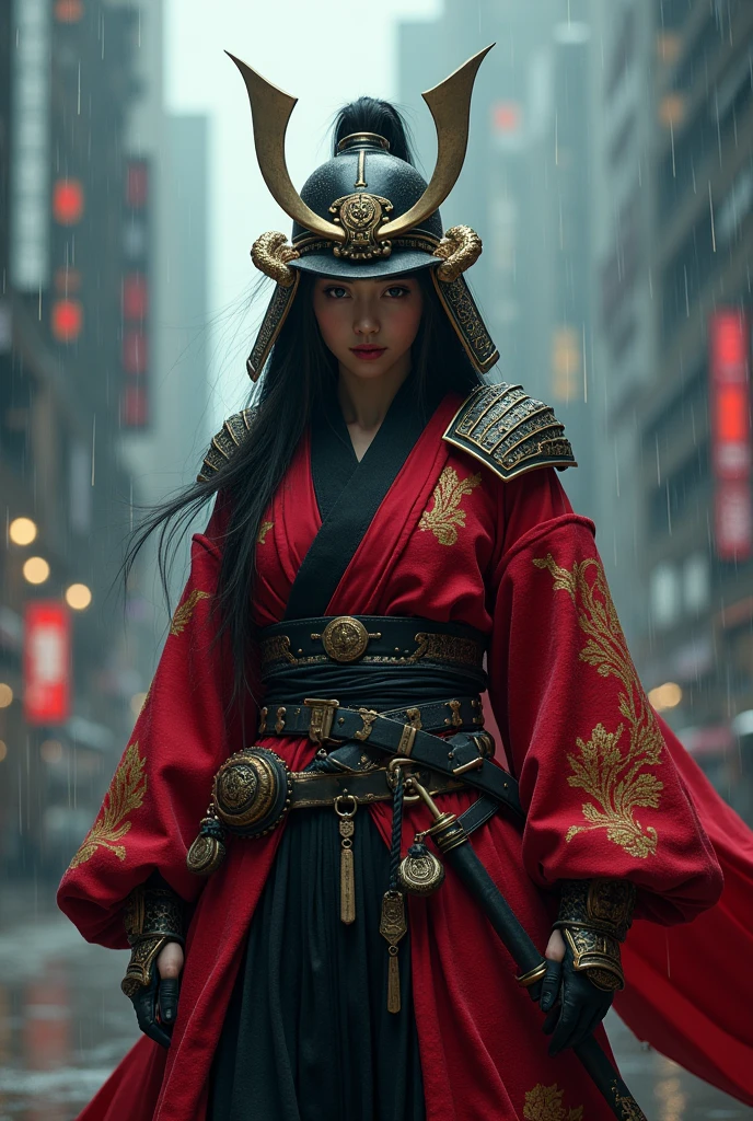 Female warrior,1 Japanese girl,war frame,complex pattern,Heavy metals,energy line,anonymous,bright eyes,elegant,excruciating,red and black uniform,Alone,modern,city,street,Dark Clouds,Thunder,heavy rain, ,Impressive lighting,,(Masterpiece:1.2), Highest quality, High resolution, Beautiful detail, high detail, perfect light, Full helmet coverage, Dark Clouds, desert