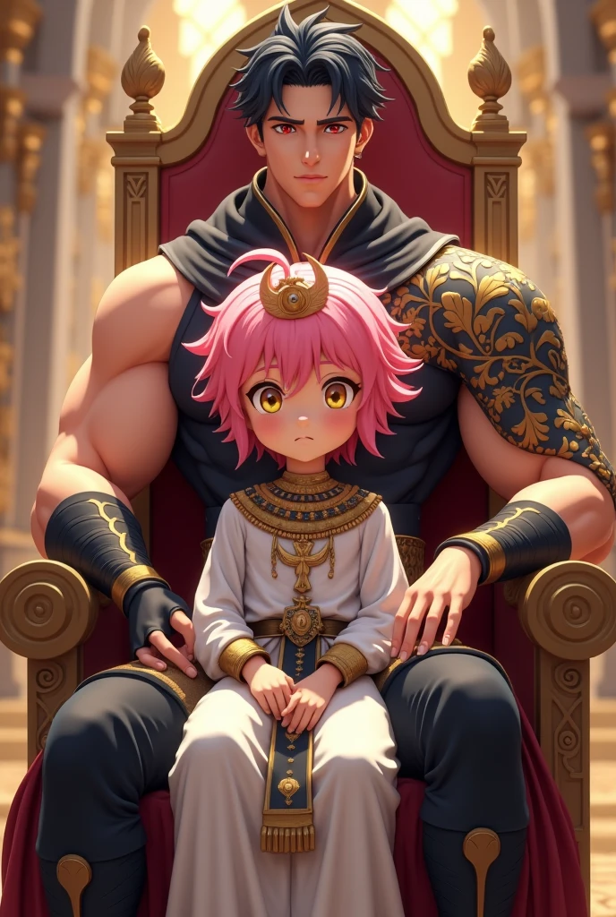 3D anime style image of a young boy with pink hair and yellow eyes sitting on a throne in white Egyptian emperor clothing sitting on a 25 year old boy, muscular body, with black hair and red eyes dressed in tight black anime knight clothes