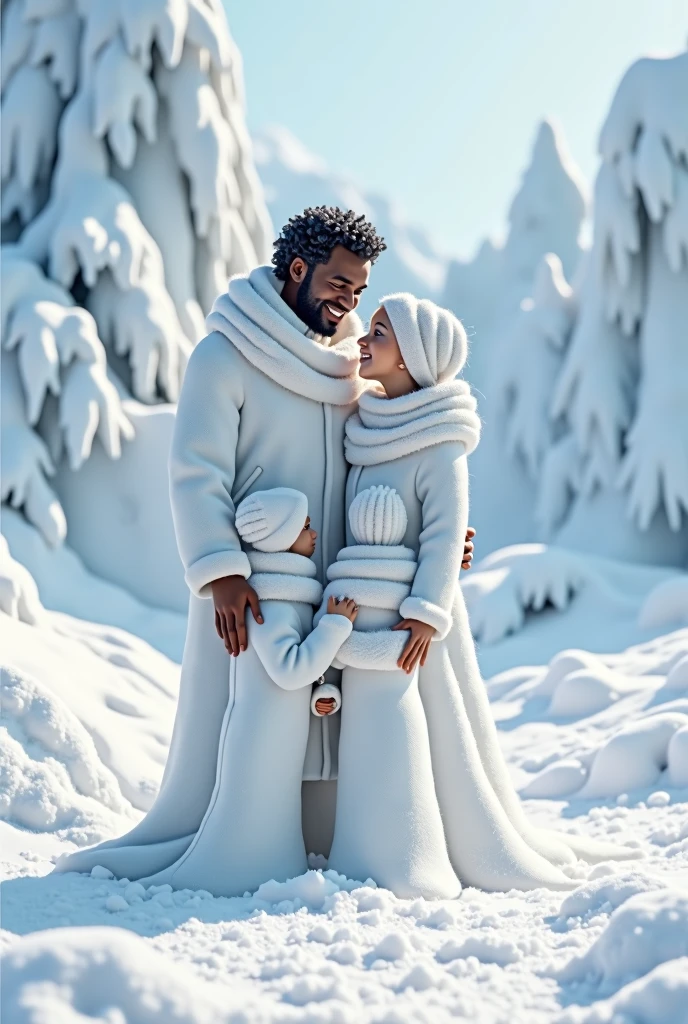 image of a snow family , black father, white mother, 2 boys and a