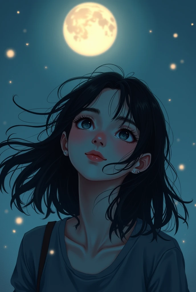 A girl, her jet black hair was loose, Both of his eyes are also jet black.. Looking at the moon with a gentle smile. Be in a cool place, calm, and peace.