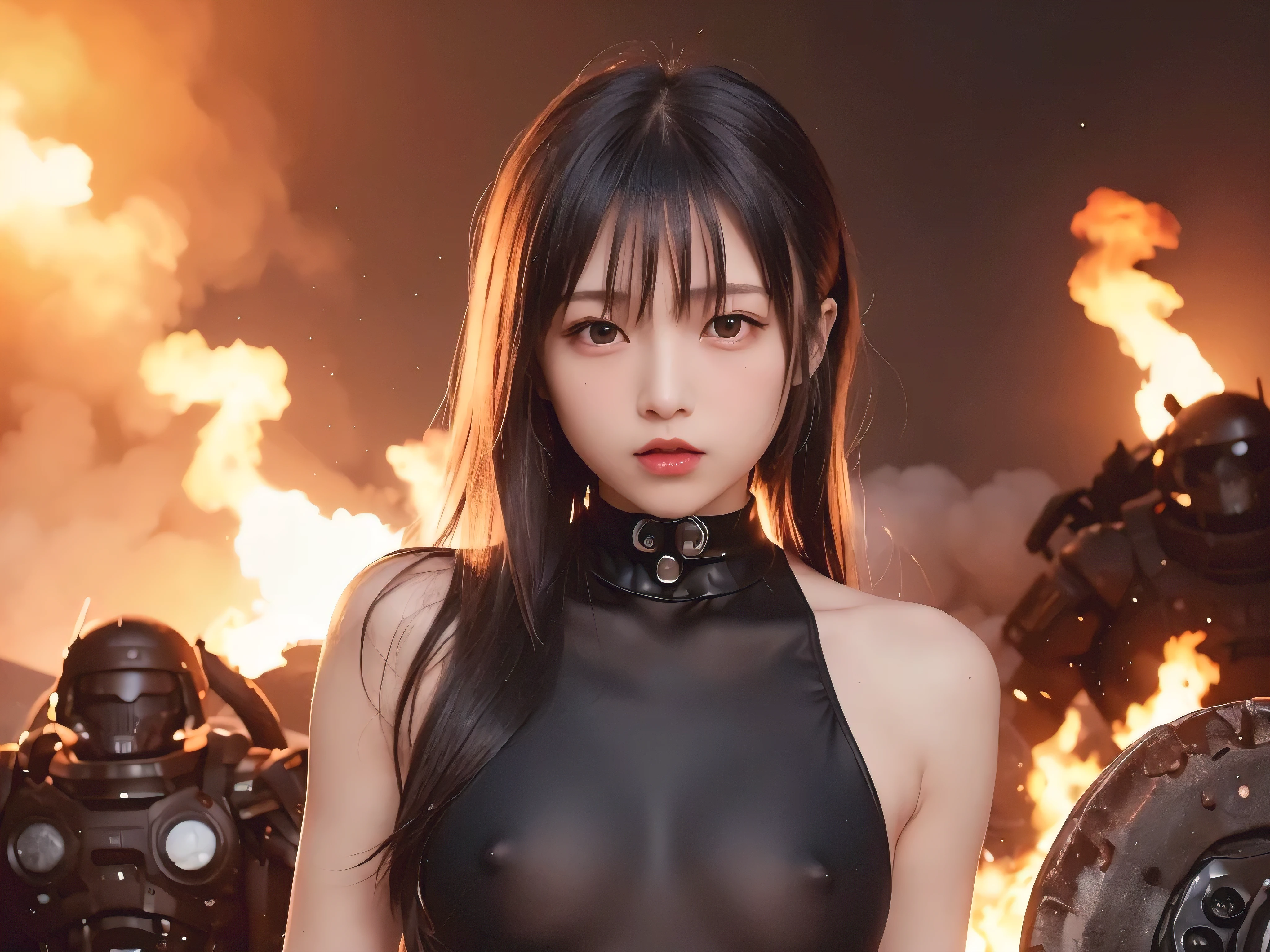 Highest quality、8k,Detailed Images、(((Beautiful girl small breasts))),Cute woman、(((Upper body naked))),Big smile,(((Completely naked))),Shoulder-length hair、(((Round face))),(((Big eyes))),Shoulder-length hair、Long eyelashes、Red lips、 Round eyes、Heavy makeup、Sweaty、Sweating、(((Black costume))),(((Battlesuits of the future)))、(((A suit that emphasizes the breasts))),Complex background punk, , Futuristic, Post-apocalyptic, dark, 薄dark光, ((masterpiece, Highest quality, )),((( through the gaps in her clothes))),,(((Small nipples))),(((Small areola))),(((Nipple details))),The neon-lit streets of a cyberpunk metropolis, Ignoring the boundaries between reality and technology、(((Small breasts)))、(((Small breasts)))、Pretty beautiful girl、(((Upper body )))、８age,(((Round face)))、A face like an elementary school student、Young face,Sexy look、(((The flames of the explosion)))、The town is destroyed,(((War breaks out))),(((white smoke)))、(((Destroyed fighting machines are lying around)))