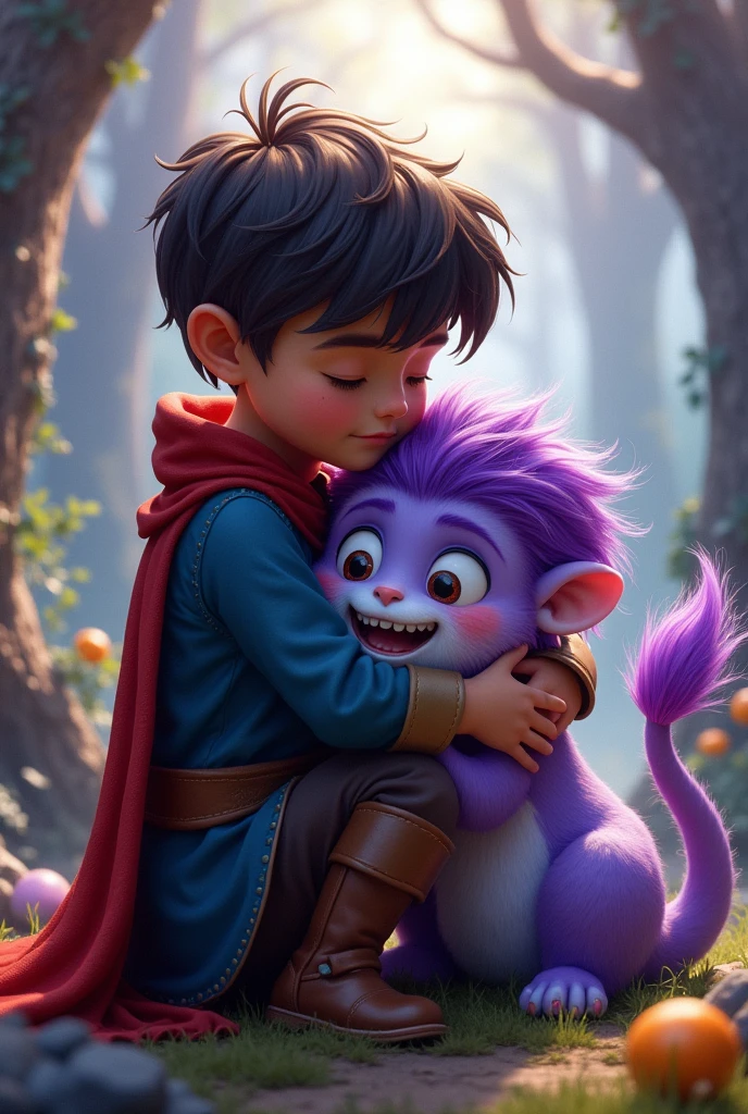 The little hero and the little purple-haired monster hugged each other and cried.。