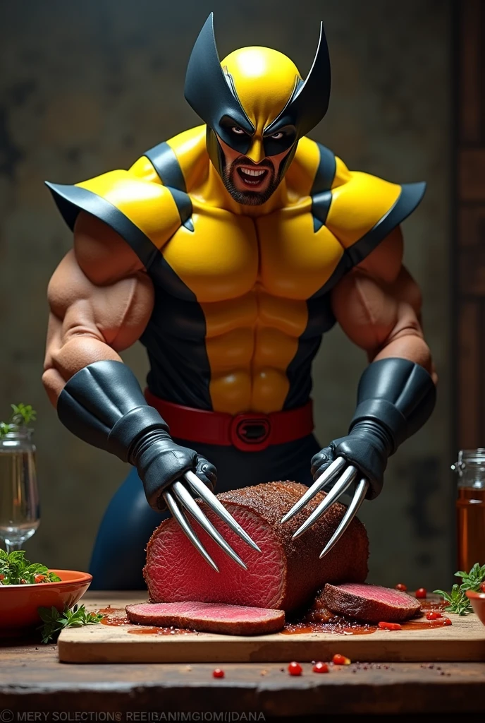 Wolverine in yellow suit cutting roast beef