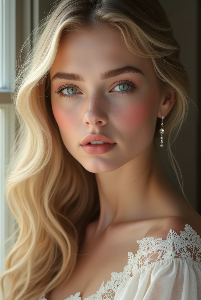 (photorealism:1.2), 1girl, Extremly beautiful girl, European face, Solo, Long Hair, Blonde Hair, almond eyes eyes, High Resolution, Masterpiece, Anatomically Correct, Best Quality, Makeup, Accurate, Award Winning, High Details, UHD, Super Detailed, face focus, young adult, no wrinkles, makeup