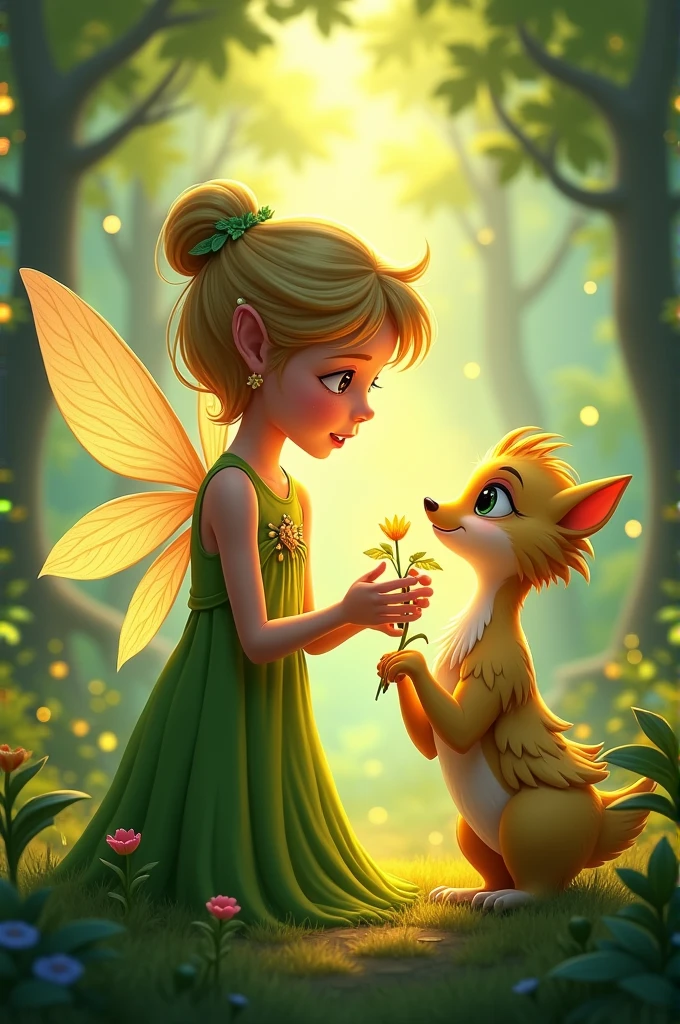 Elara using a glowing, magical herb to heal Liora’s wing, with a warm, healing light enveloping them.
"Grateful, Liora promised to grant Elara a single wish."19.:6 cartoon character with green dress 