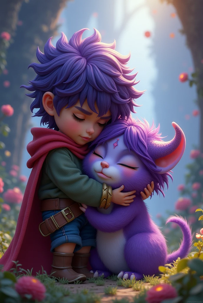 The little hero and the little purple-haired monster hugged each other and cried.。
