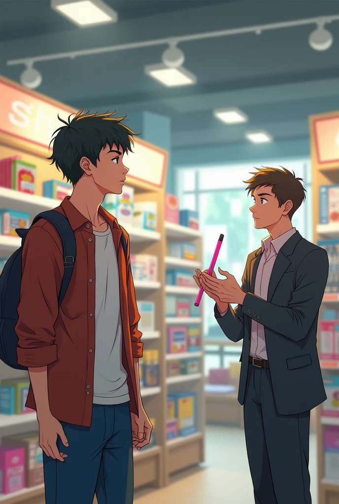 A young man, Shanto, is standing in a medium-sized departmental store with a thoughtful expression. The store is well-lit, with neatly organized shelves filled with various stationery and household items. The salesman, holding a pink highlighter, is approaching Shanto, who is still contemplating the situation