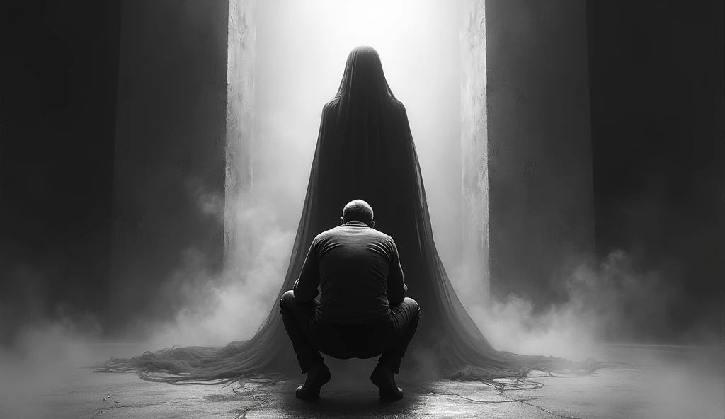 make the man step back and squat slowly backwards as if afraid of the ghostly figure of a woman dressed in black in front of him. man facing the camera. ghost with his back to the camera black and white background
