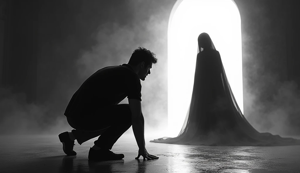 make the man step back and squat slowly backwards as if afraid of the ghostly figure of a woman dressed in black in front of him. man facing the camera. ghost with his back to the camera black and white background
