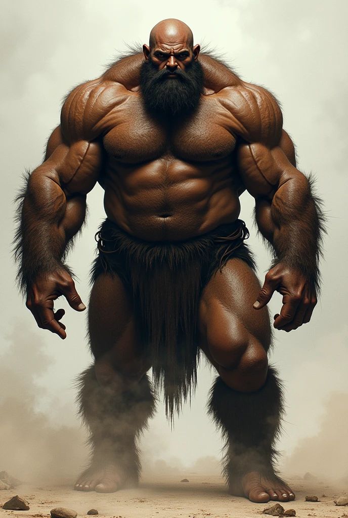 a dark man, tall, with lots of hair on his chest and all over his body, muscular with a robust and large body, full and big beard, baldie, without any clothes