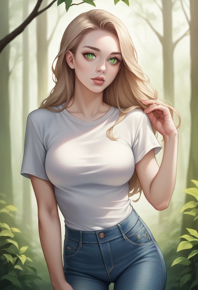 32 year old woman with light brown hair, White skin, green eyes, full frame in the forest, in a black tight T-shirt, jeans, beautiful detailed eyes, beautiful detailed lips, extremely detailed eyes and face, long eyelashes, high quality, 8 thousand., hyperrealistic, photorealistic, physically based rendering, bright colors, studio lighting, complex parts