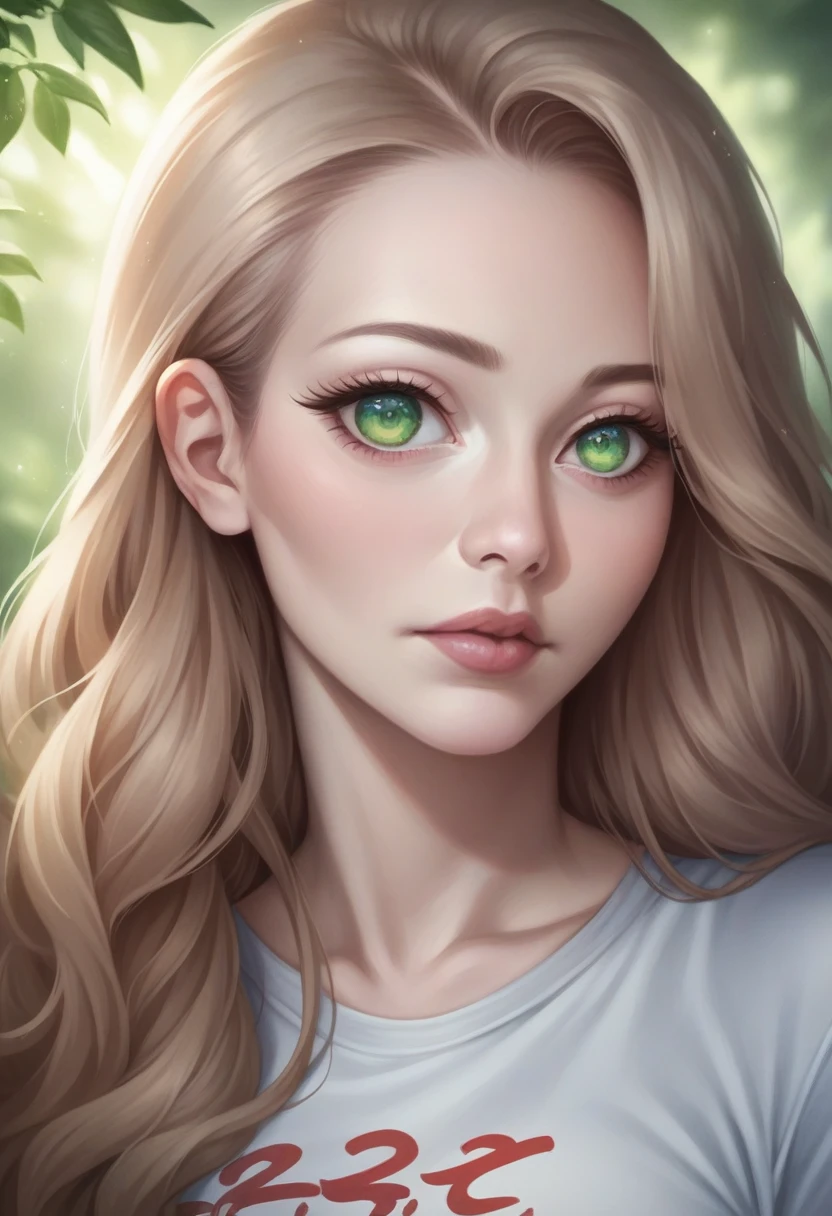 32 year old woman with light brown hair, White skin, green eyes, full frame in the forest, in a black tight T-shirt, jeans, beautiful detailed eyes, beautiful detailed lips, extremely detailed eyes and face, long eyelashes, high quality, 8 thousand., hyperrealistic, photorealistic, physically based rendering, bright colors, studio lighting, complex parts