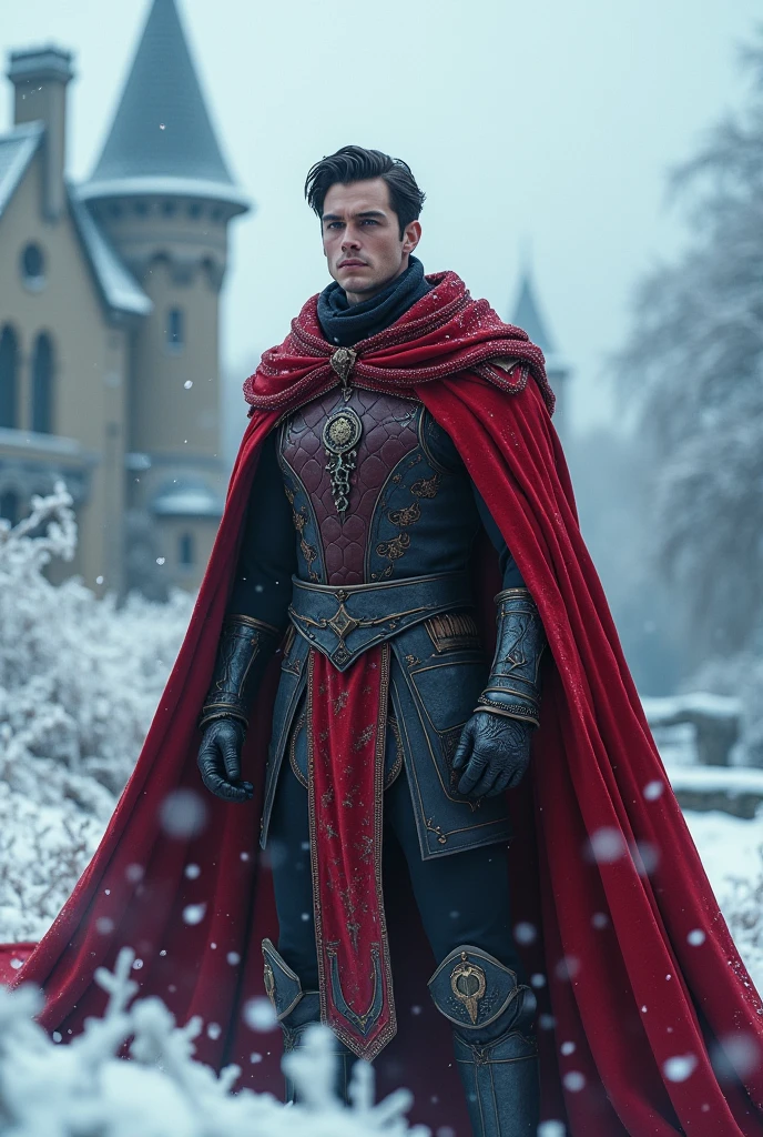 Handsome king, 19, mid winter, powerful, blood magic, wears crimson red colors, medieval, Henry cavill looking, muscular, dark hair, mysterious, tall, courageous, big muscular arms, white, blue eyes, English descent. Henry cavill, hot kingdom 