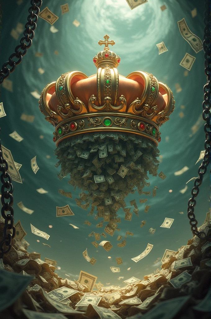 Image of a world of money and a king's crown on top, with steel chains and falling money