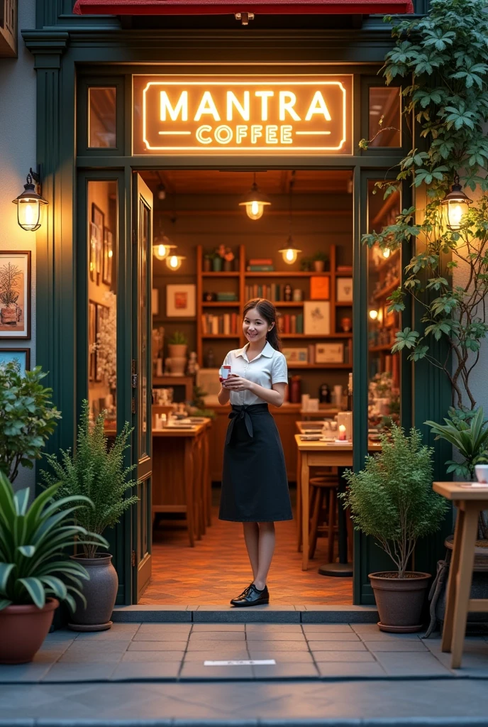 Entrance to a cafe with wooden tables outside, with a sign that says mantra coffee, illuminated, with plants, books, colorful paintings. At the entrance a female Barista with a cup of coffee in her hand and a smile on her face. He addresses the audience with enthusiasm.