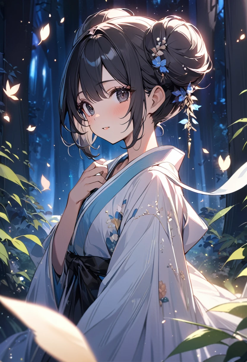 ((best quality)), ((Masterpiece)), (details), 1 girl, , black hair, black eyes, ((buns)), cute, Sparkly eyes, Beautiful skin ,Hanfu ,Flying petals, colorful,Magic Forest,sparkling light particles,nighttime,atmosphere,Enchanted,ethereal light,beautiful nature,dreamlike,quiet,quiet,undercover,charming,undercover,การแสดงตนที่charming,peaceful aura,shining,