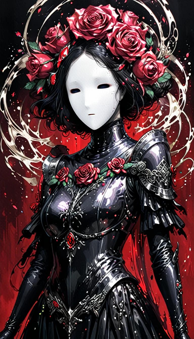 in style of Harry Clarke,character concept design,half body, (ROSE HEAD:1.5) (no face:2.0) paladin,angry,crazy smile,fighting pose,Magic Effects,Metallic details,Red tone,Unknown background,perfect hands,Core Art,The art of spray painting,Splash Art