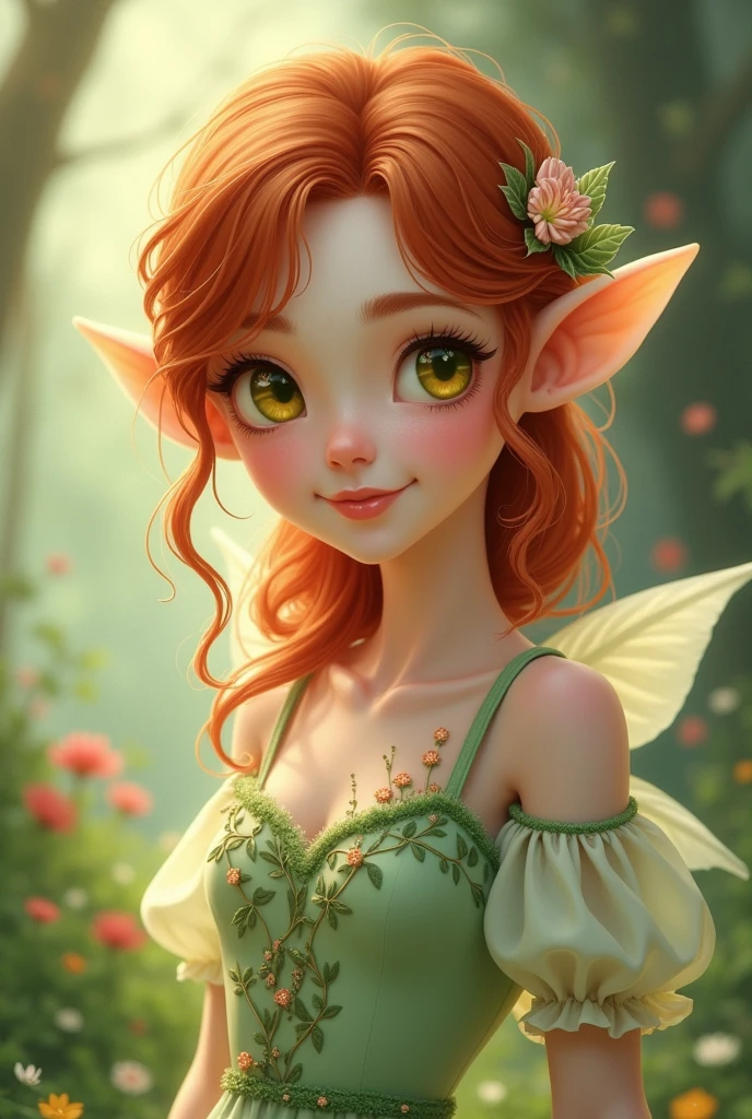 Light crimson hair。Yellow-green eyes。A little lady in a light green dress。Your smile is cute。